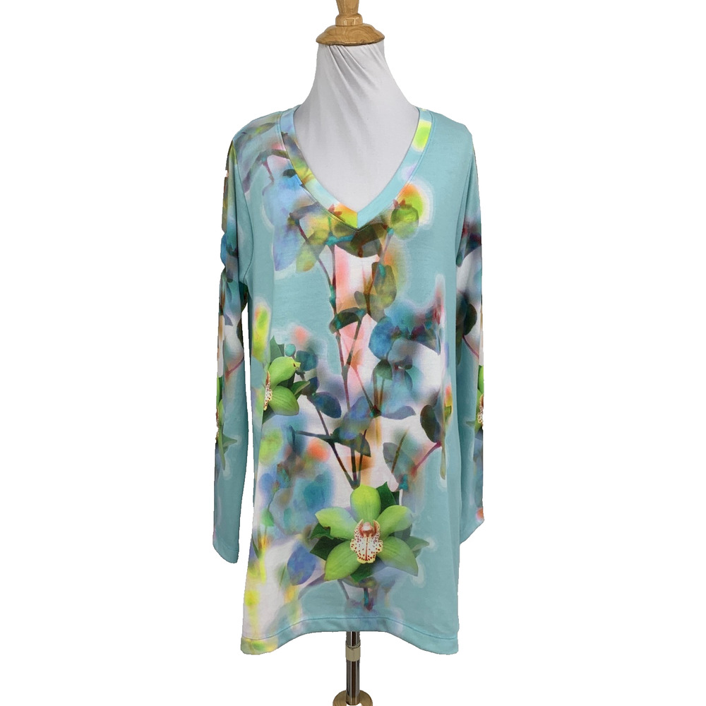 Soft Surroundings Tunic Top Women S Small Blue Jayda Floral V Neck Long Sleeve
